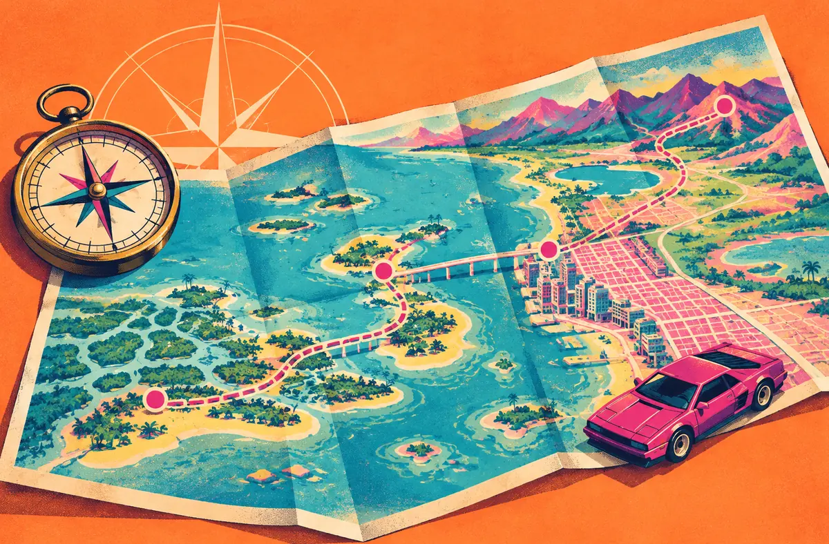 A painted map table with a brass compass, rolled charts and a lamp at sunset.
