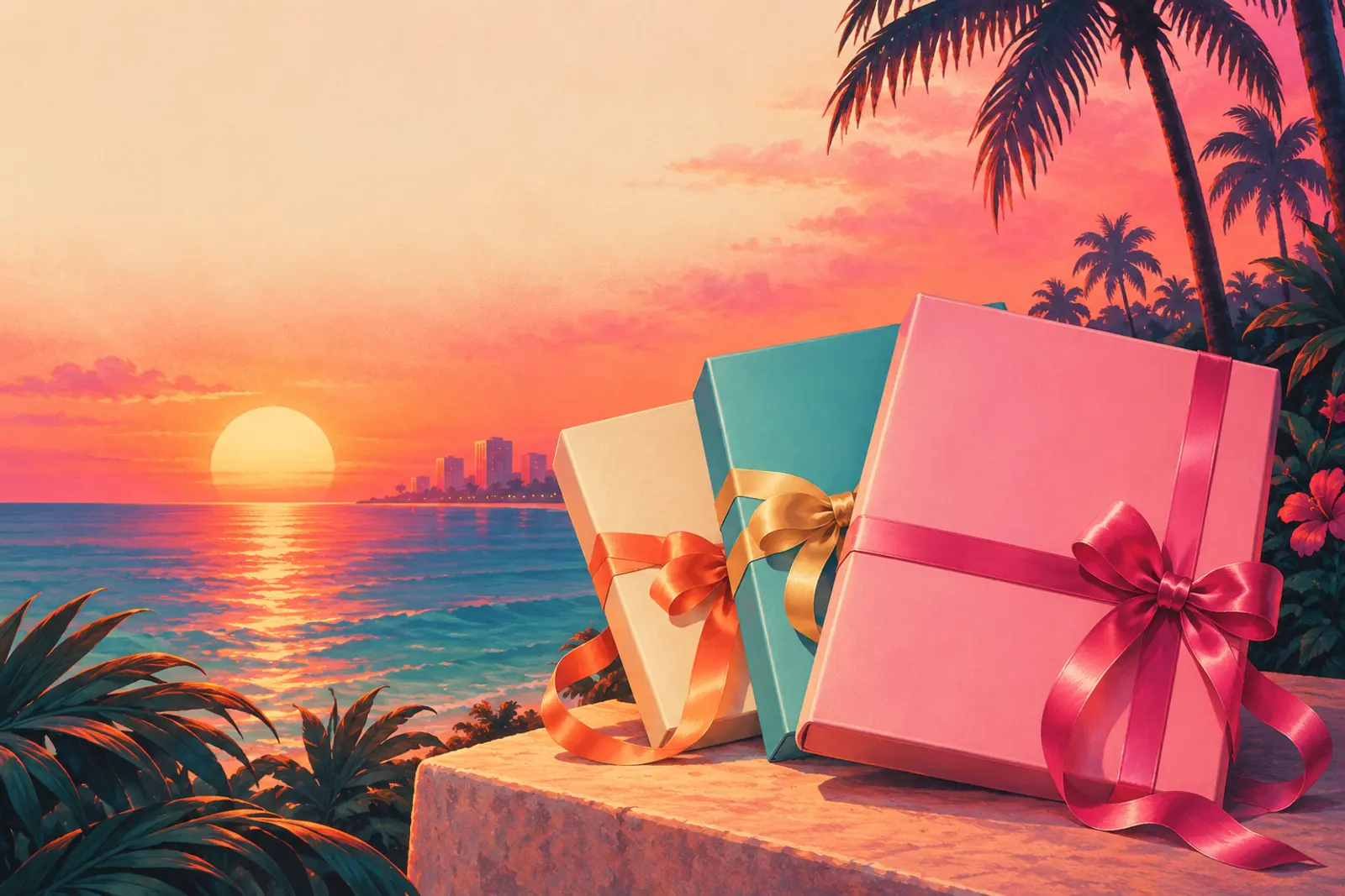 Three ribboned gift boxes on a stone ledge beside a calm sunset sea.