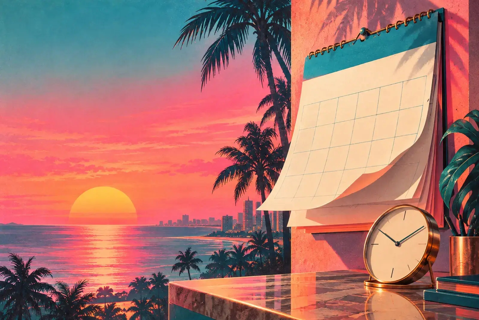 A long neon-lit road stretching toward a sunset with calendar pages along the verge.