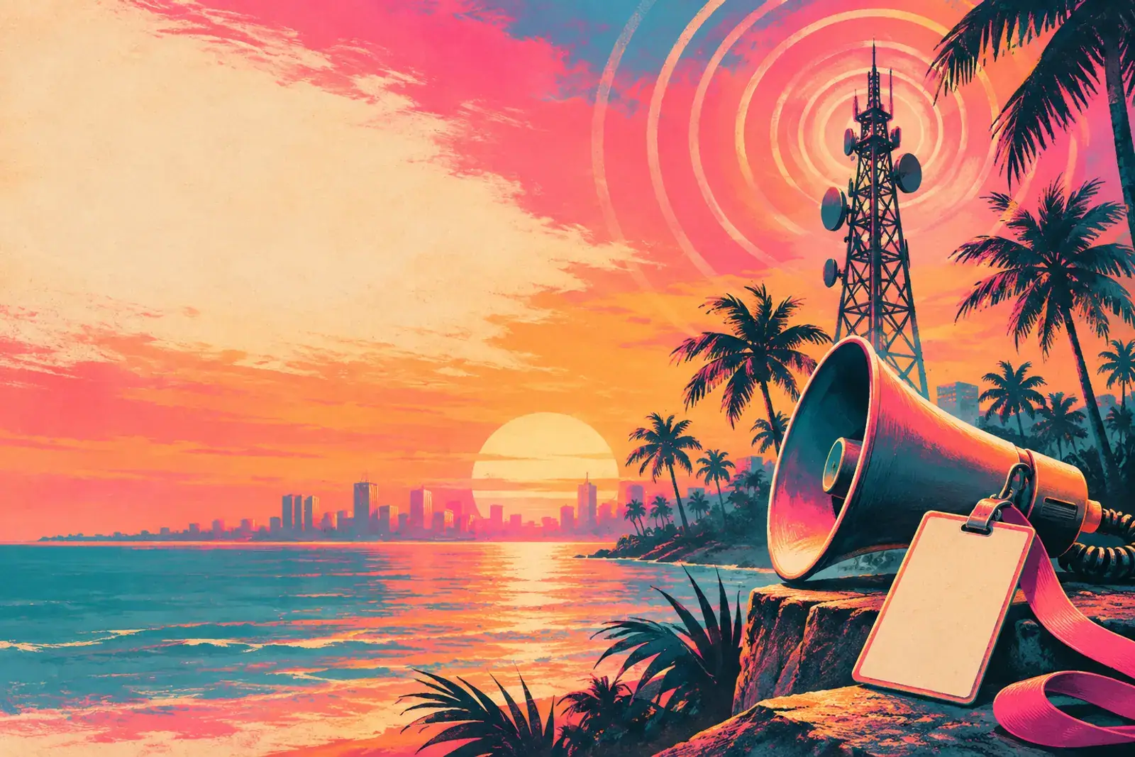 A megaphone and a press badge on a rocky ledge with a radio tower behind at sunset.