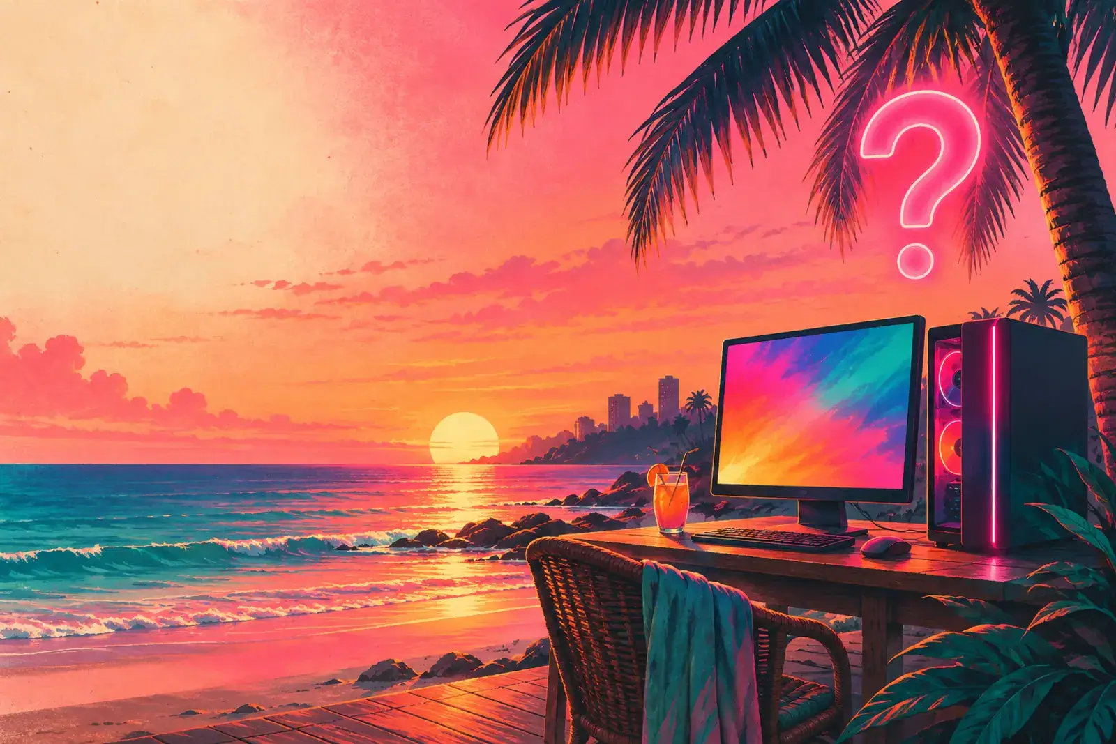 A painted beach desk with a computer monitor and a glowing neon question mark.