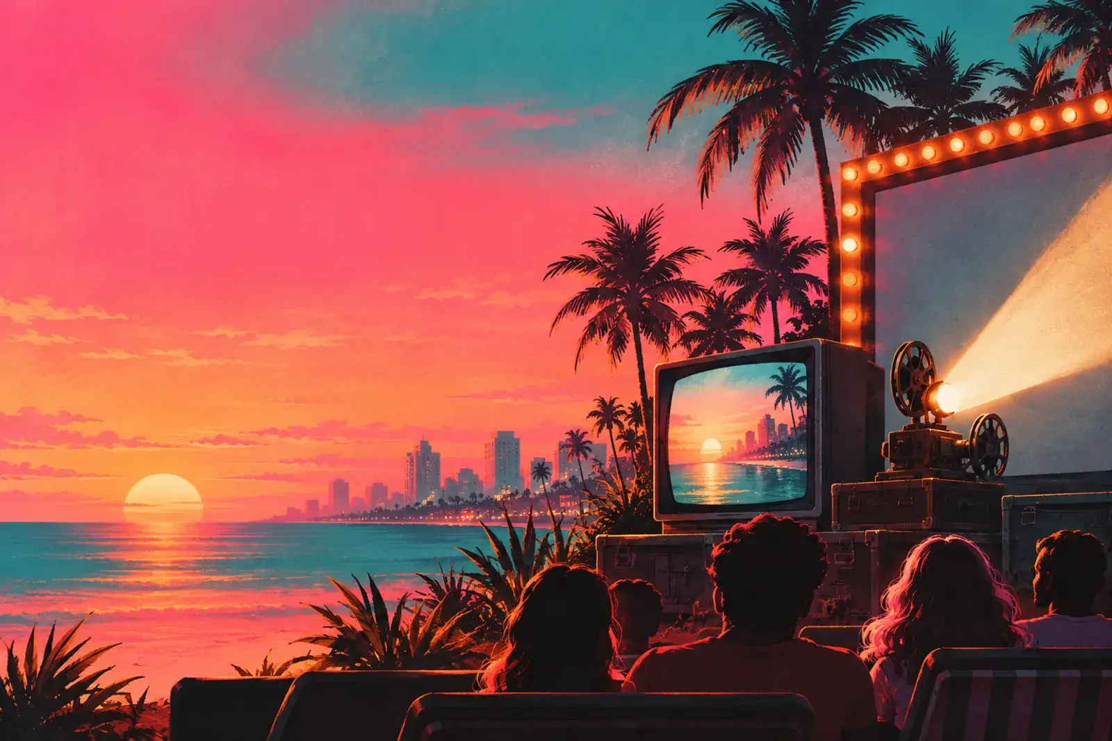 A painted open-air cinema with a projector facing a retro TV at sunset.