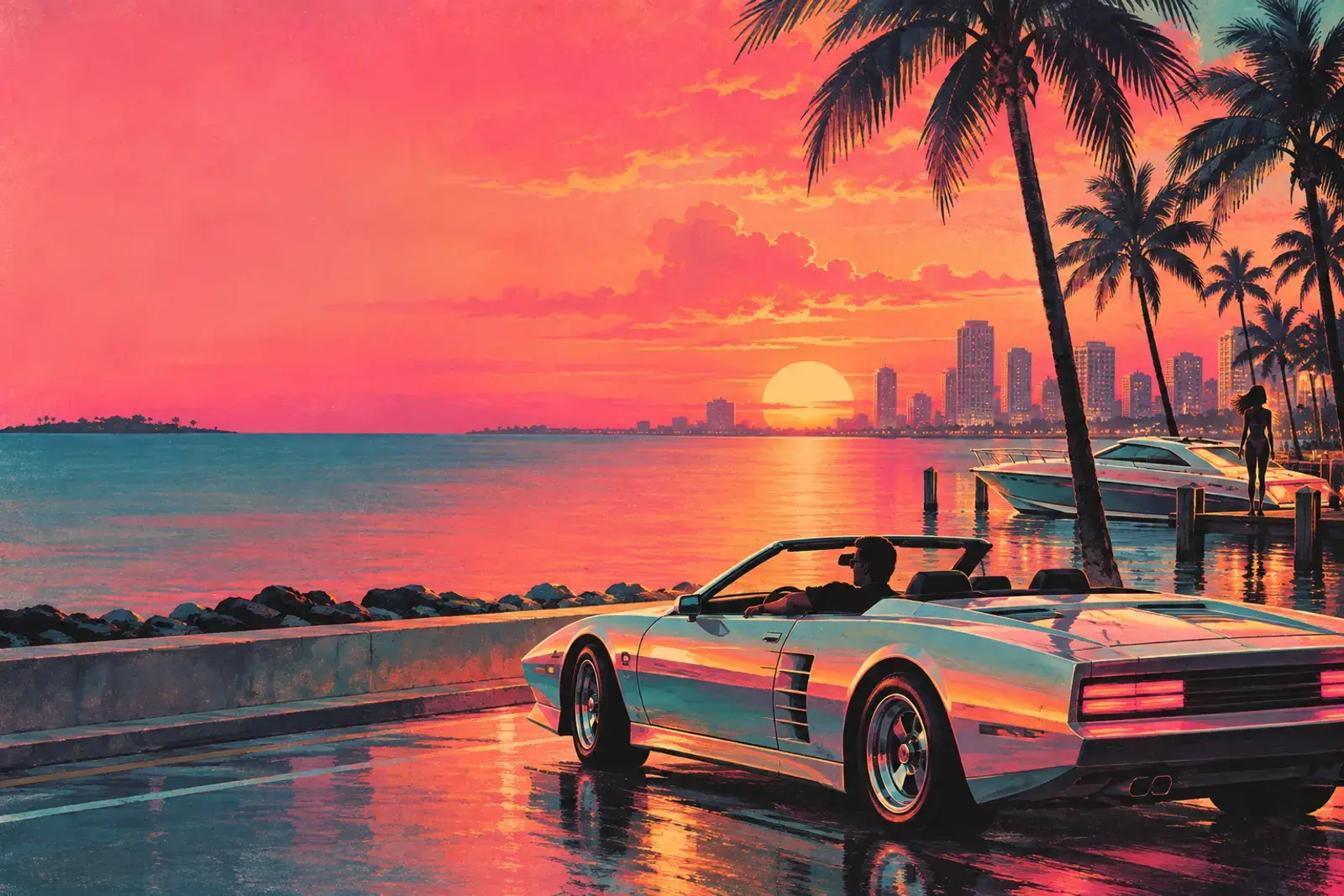 A painted white convertible sports car parked by the sea at sunset.