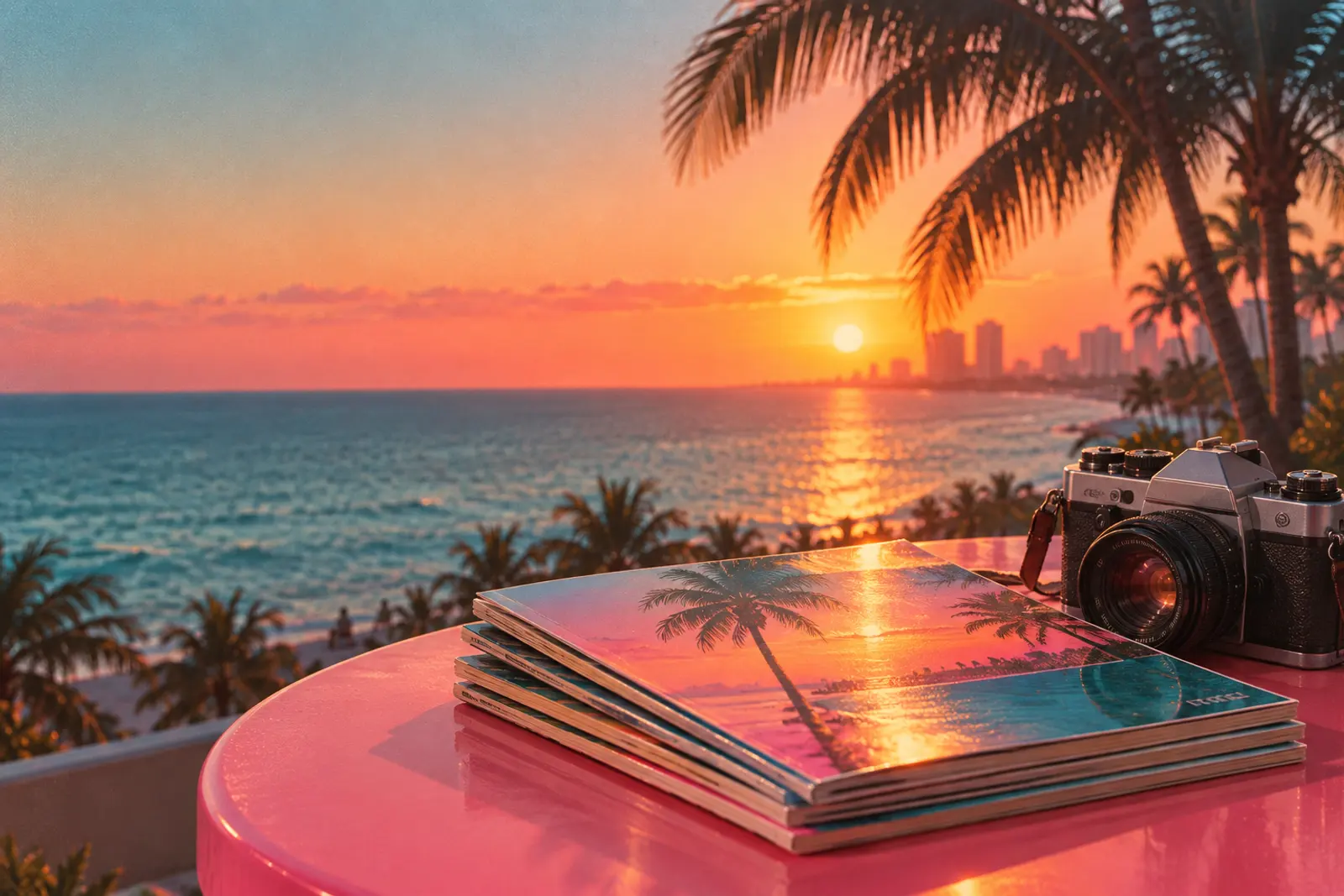 A stack of glossy magazines and a vintage film camera on a pink table