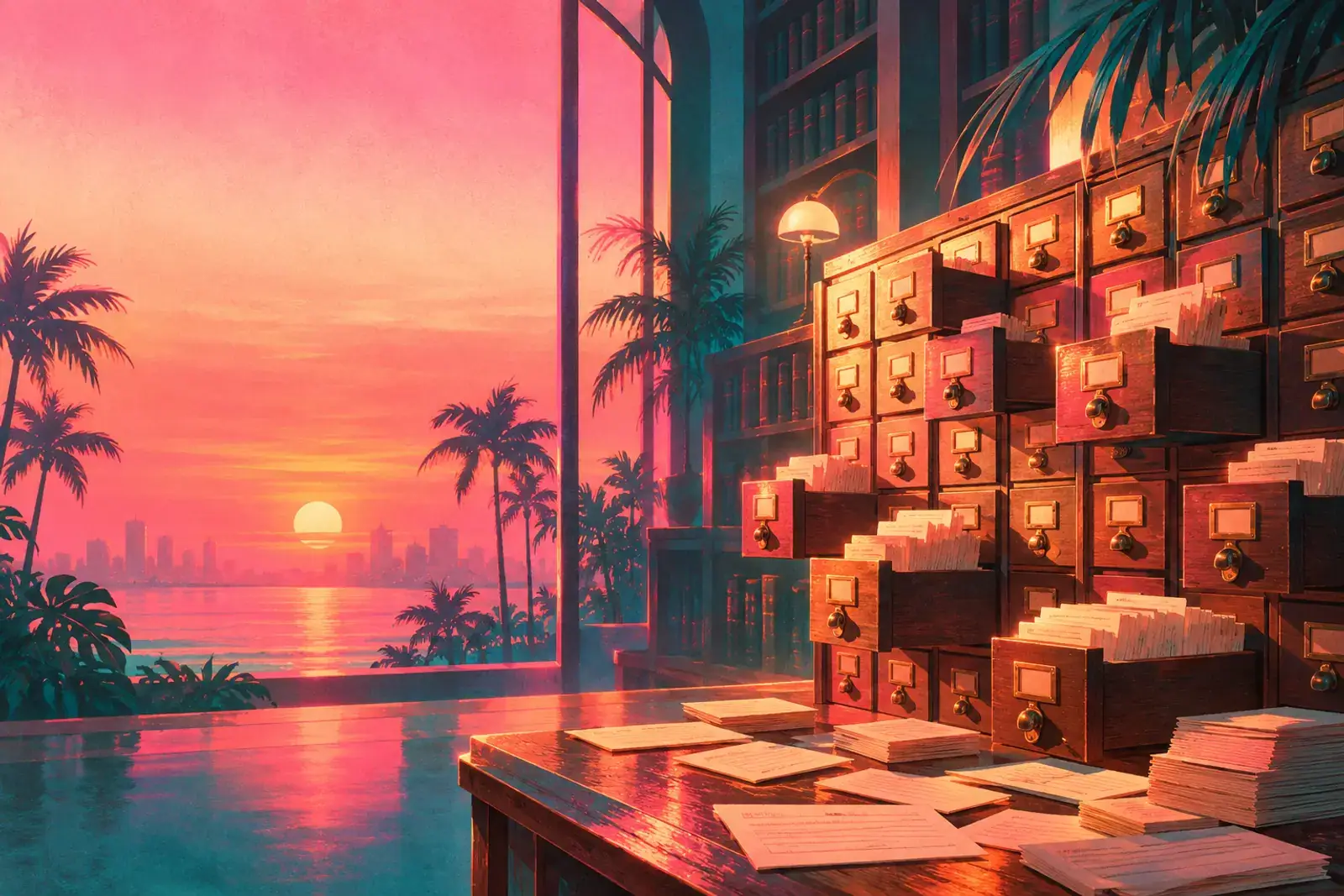Glowing card-catalogue drawers at dusk