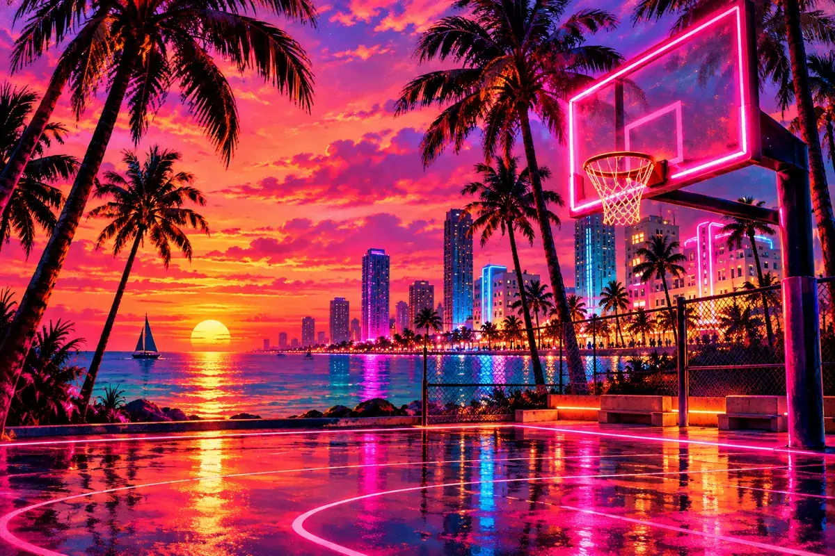 An original painted scene in a sunset palette.