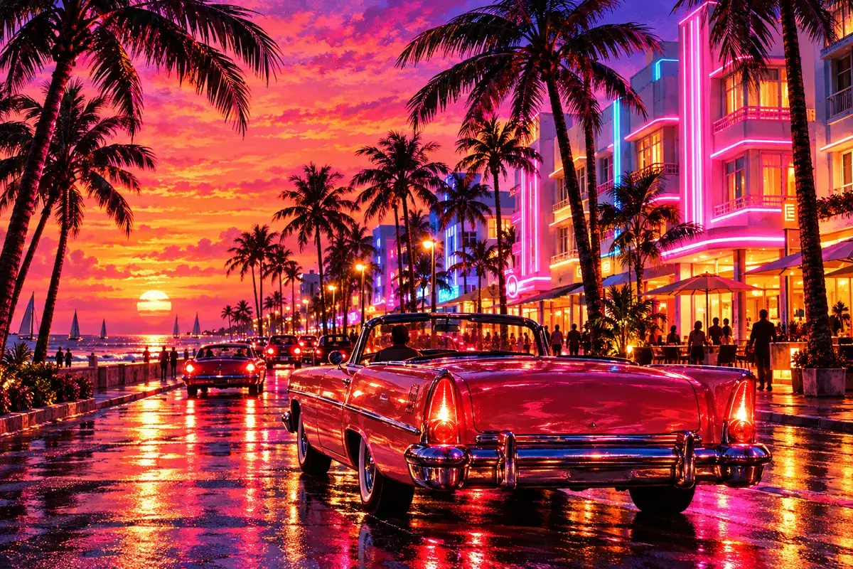 An original painted scene in a sunset palette.