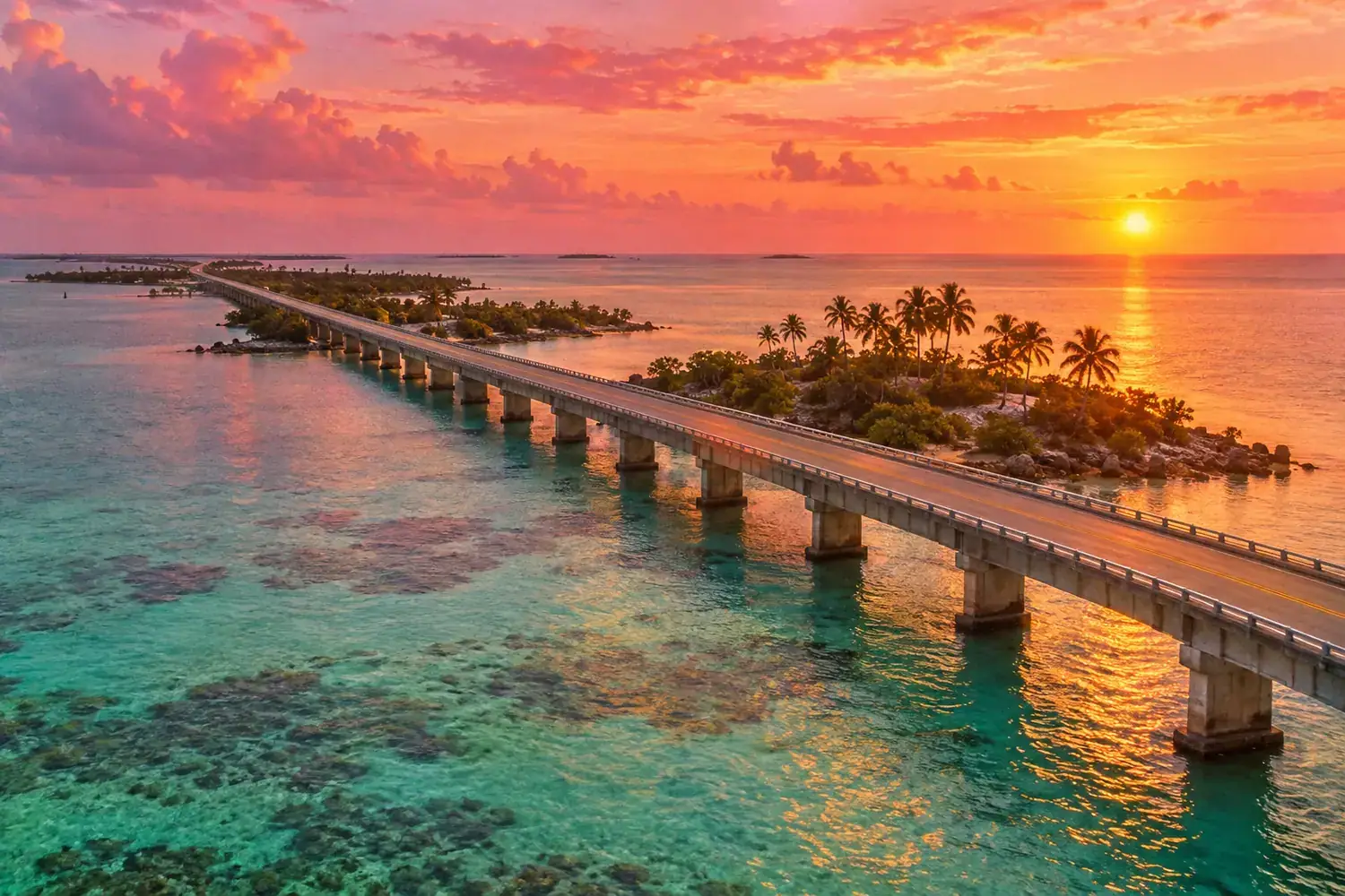A long two-lane bridge across turquoise shallow water in the Florida Keys at sunset