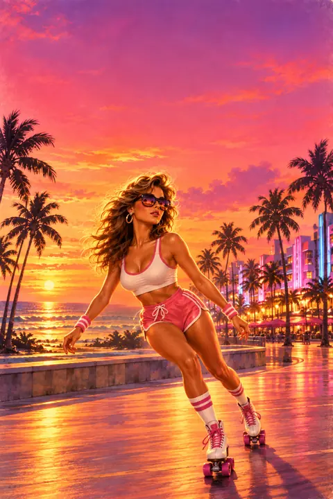 A roller skater on a beachfront boardwalk at sunset