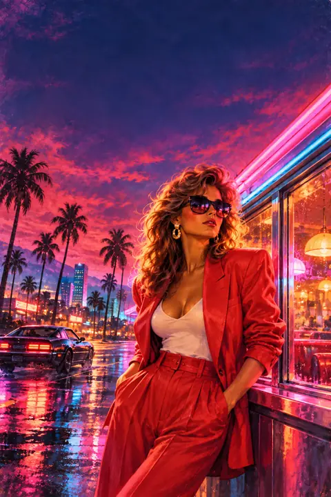 A woman in a red jacket by a neon diner window