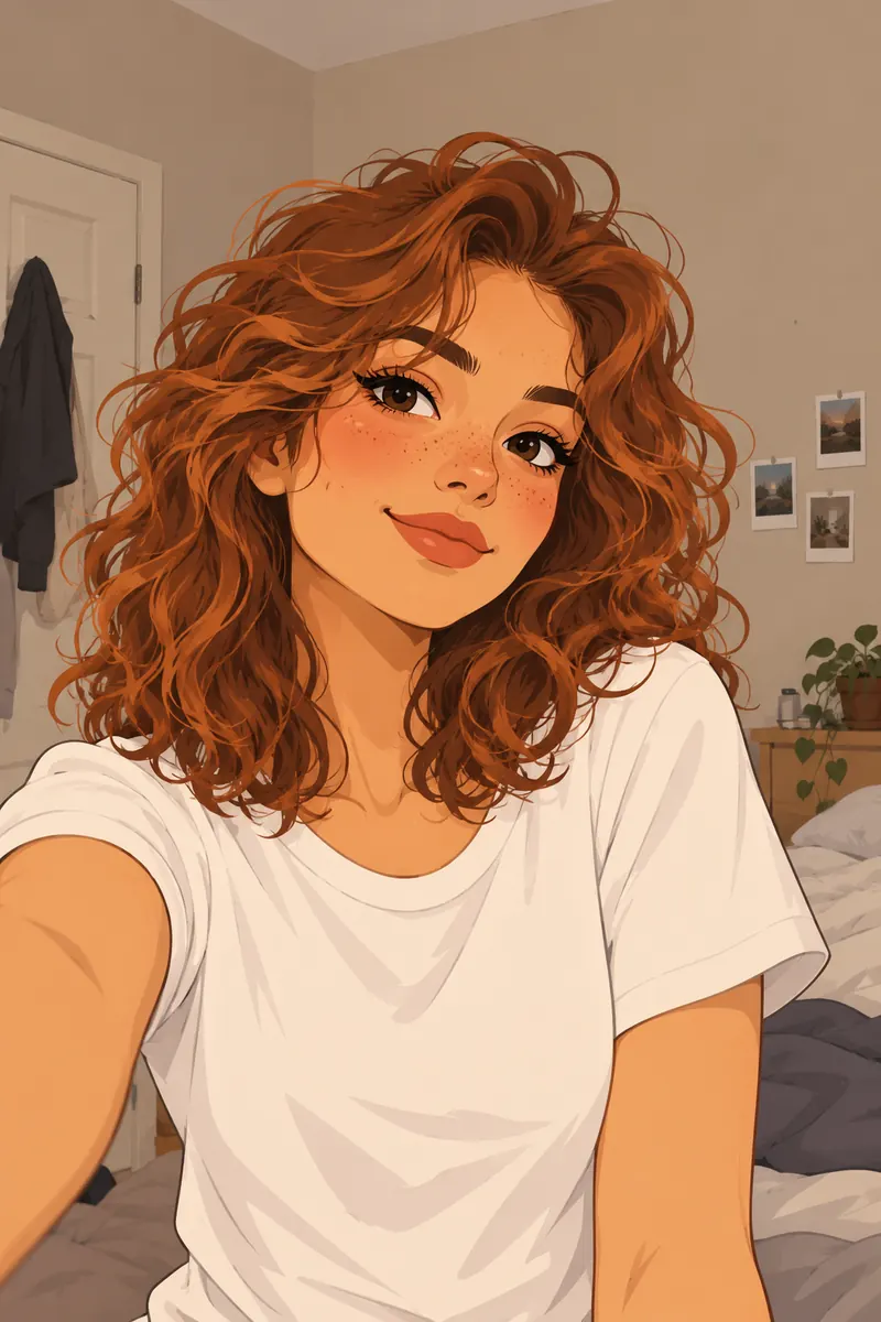 An illustrated selfie of a smiling young woman with curly auburn hair in a bedroom